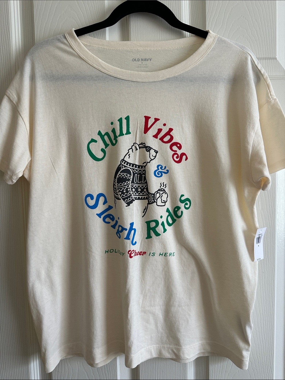 Old Navy Cream Short-Sleeve Tee with Bear Graphic and Red, Green & Blue Text